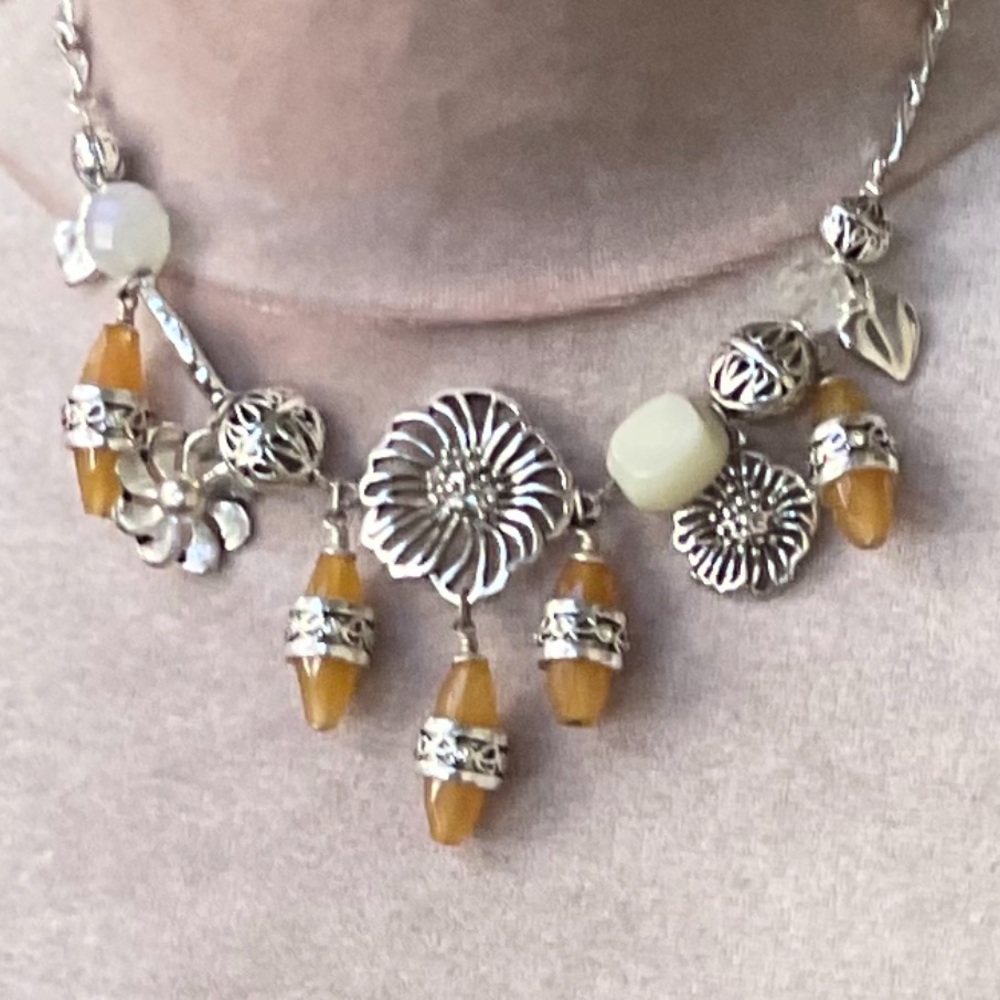 Pilgrim Danish Designs Necklace Festoon Style Silver Amber 16”